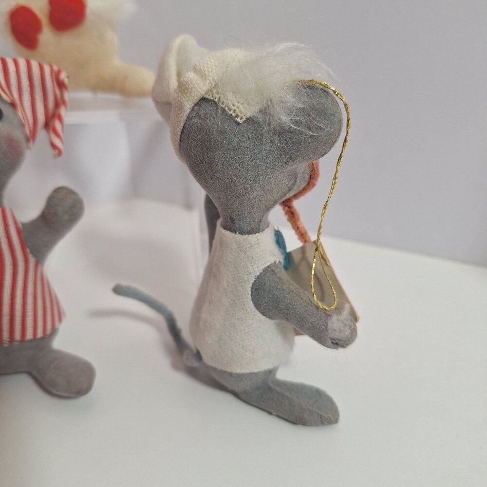 3 Vtg Flocked Mouse Mice Lot 4" Christmas Ornaments White Gray Nurse Adorable! - Picture 7 of 11